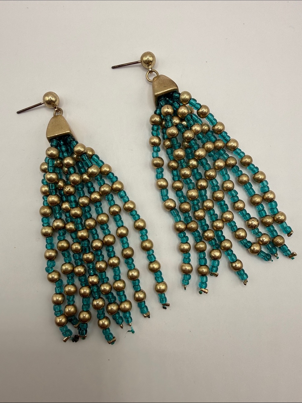 Vintage Gold Tone Blue Green Seed Beaded Tassel Dangle Drop Earrings